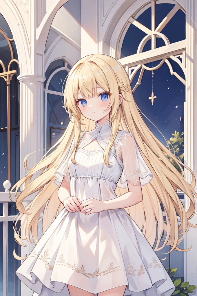 Alcanevi, A woman with long blonde hair wearing a white sheer dress, Woman's face, Unreal Engine Character Art, Portraiture((Toddler girl)) (())((naked)) ((nCherry blossom tree background、She lifts the skirt of her white open-chested mini dress to reveal her crotch.、The shirt shows through and the chest is visible