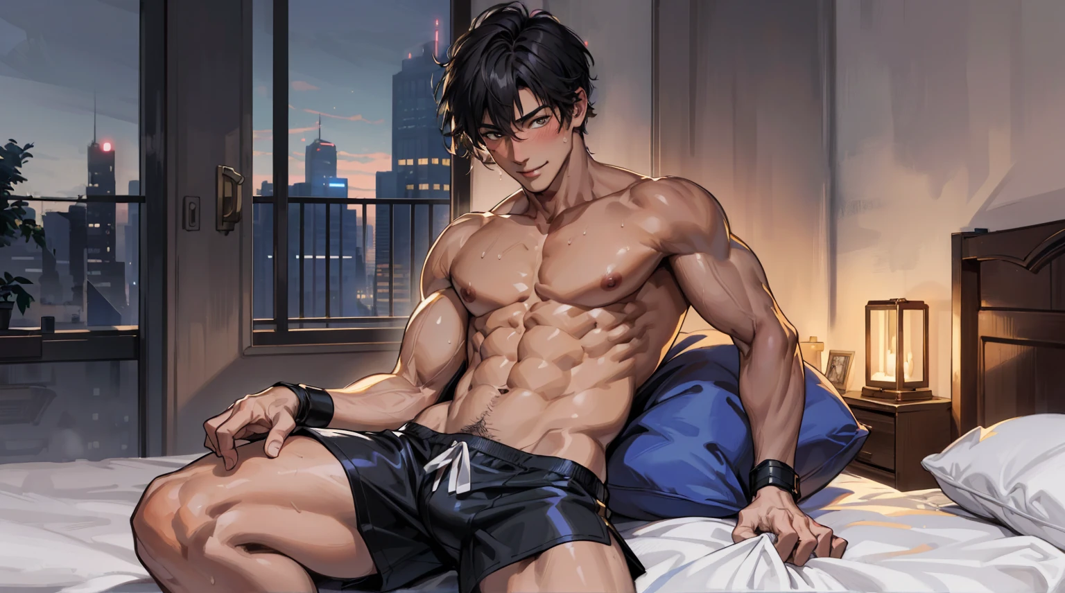 (absurd, high resolution, Extremely detailed), masterpiece, best quality, ((Mature and handsome man)), Blushing smile,muscular, handsome guy, Big biceps, Abdominal muscles, thigh, Broad shoulders, Open the chest,, Black short hair,sweat, Shirtless,