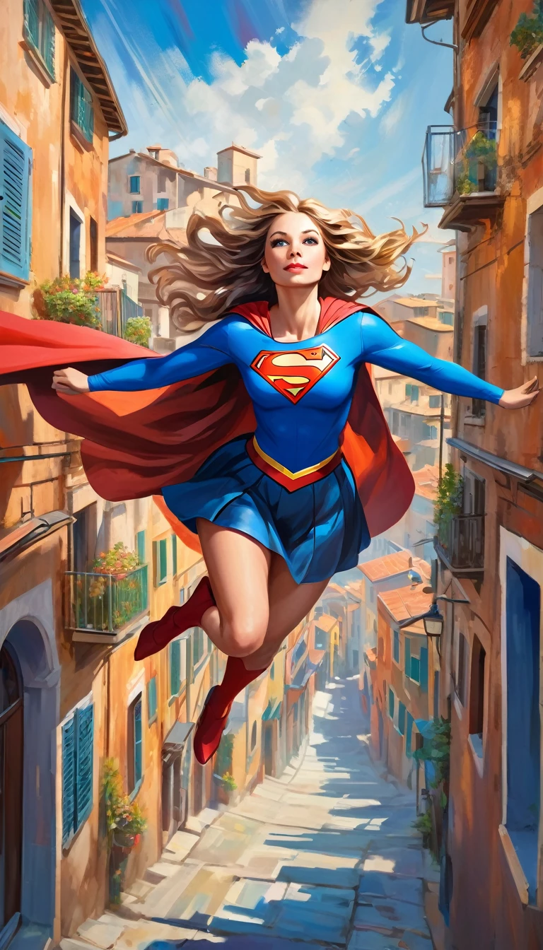 a beautiful supergirl flying over a picturesque italian city, oil painting, high detailed face, long wavy hair, dynamic pose, blue sky, cityscape with colorful buildings, vintage style, rich colors, dramatic lighting, impressionistic brushstrokes, masterpiece, ultra-detailed, 8k, hyperrealistic
