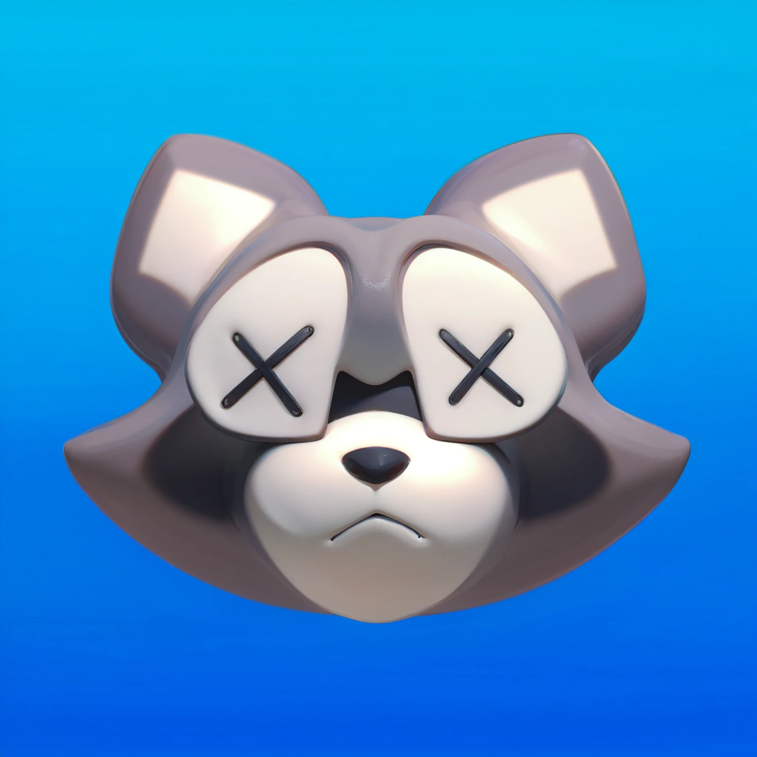This image features a cartoonish raccoon face set against a gradient blue background. The raccoon's face has a sad expression, with its eyes replaced by large X's, suggesting a dazed or lifeless state. The fur is predominantly gray with white accents on the ears, around the eyes, and on the muzzle, along with the distinctive black "mask" around its eyes. The raccoon's mouth is slightly downturned, further emphasizing the unhappy or unfortunate expression. The overall design evokes a sense of sympathy and melancholy.