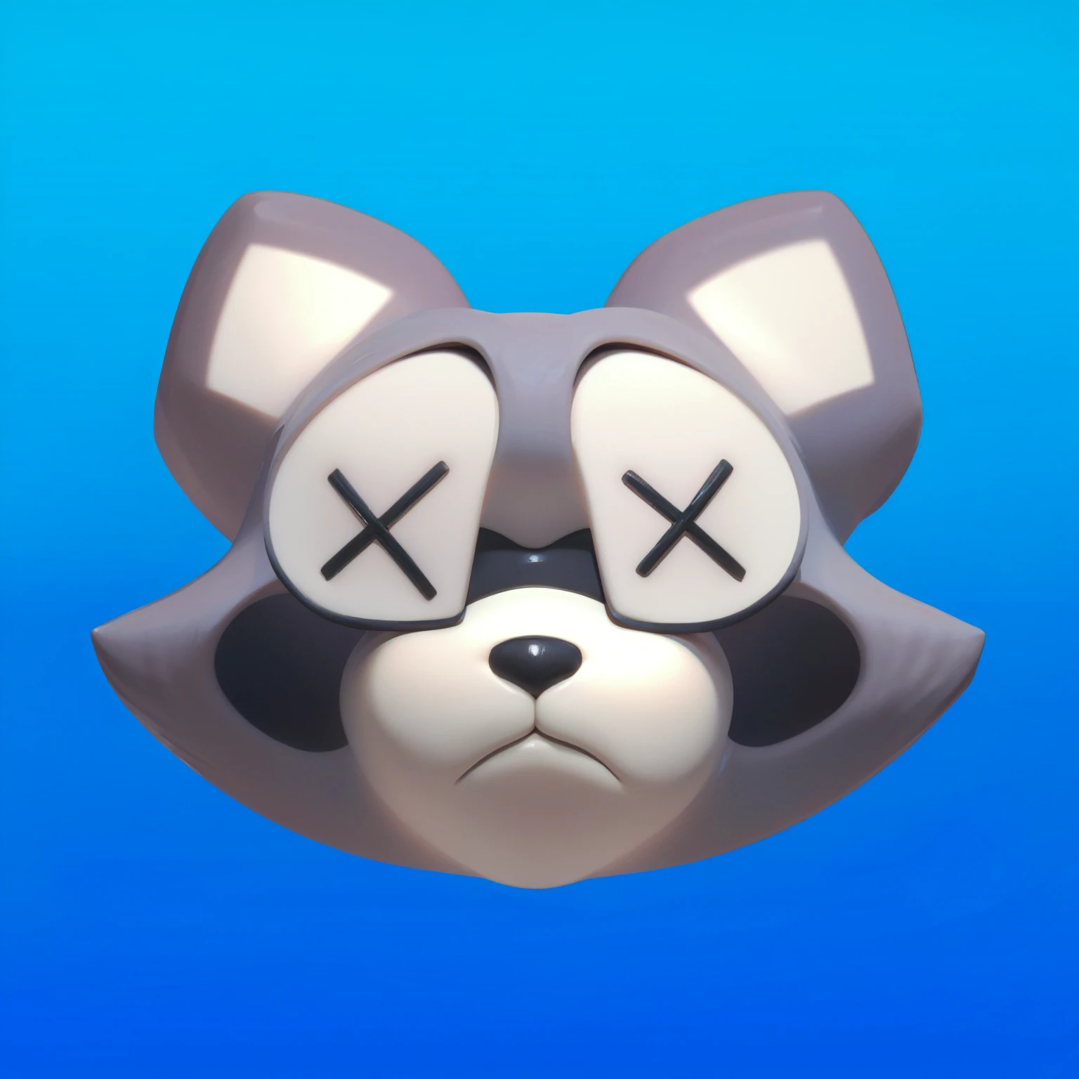 This image features a cartoonish raccoon face set against a gradient blue background. The raccoon's face has a sad expression, with its eyes replaced by large X's, suggesting a dazed or lifeless state. The fur is predominantly gray with white accents on the ears, around the eyes, and on the muzzle, along with the distinctive black "mask" around its eyes. The raccoon's mouth is slightly downturned, further emphasizing the unhappy or unfortunate expression. The overall design evokes a sense of sympathy and melancholy.