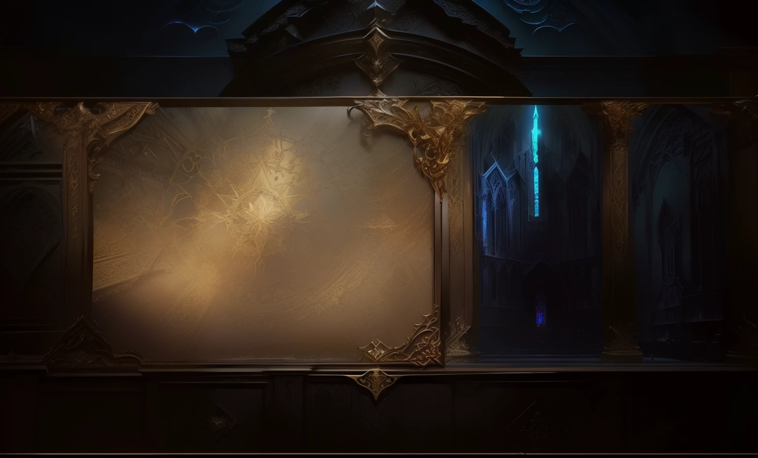 there is a large picture frame with a picture on it, cathedral background, ornate borders + concept art, grimoire page, alchemist library background, loadscreen, dungeon background, loadscreen”, splash screen art, loading screen, stunning arcanum backdrop, complete darkness background, 8 k hd wallpaperjpeg artifact, 8k hd wallpaperjpeg artifact