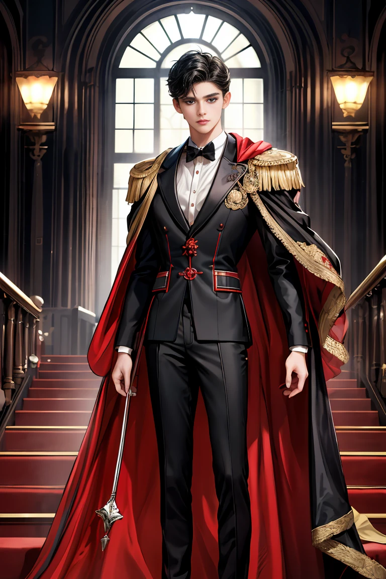 
masterpiece, 最high quality, high quality, 1 boy, alone, Male focus, Watching the audience,  Messy black hair, Adorable big blue eyes, White people, Noble, Noble,Sexy voluminous black and red cape、Tuxedo、A very voluminous, large, very large, very large, long, long red and black cape with a high stand-up collar, made of a lot of fabric that reaches down to the floor., 17 years old,Cute beautiful boys,Cute, cute, kind, handsome guy