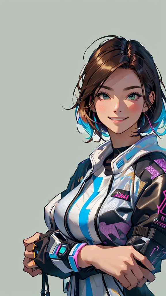 Brown Hair、(Huge breasts)、entrepreneur、Highest quality,masterpiece,original,Plain background,View Audience,1人のwoman,(alone:1.5),woman,woman、Wearing a cyberpunk costume, Fill up this vibrant and colorful scene.smile、It expresses strength and underlying joy...。 This digital illustration is rendered in high resolution..., Artstationではアニメジャンルのmasterpieceとして話題になっている