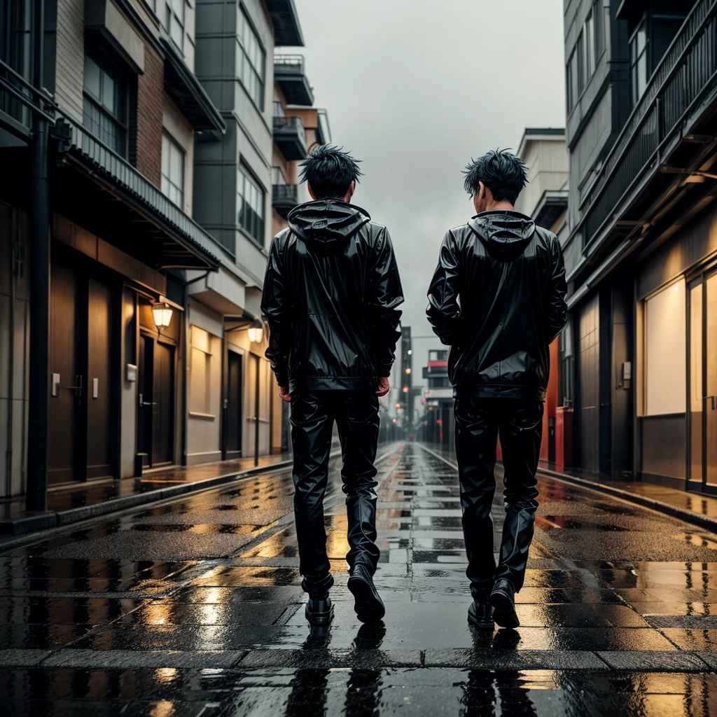 Anime boy waking (back side )in rainy street, mild cold weather, up