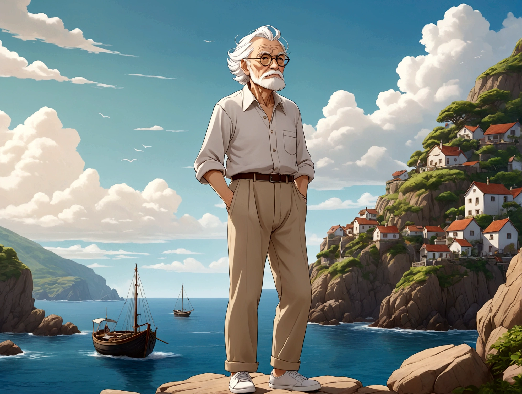 Create a high-quality anime-style image featuring an elderly man standing on a rocky cliff by the sea. The man has white hair, a beard, and is wearing round glasses. He is dressed in a white shirt, beige pants rolled up at the ankles, and white sneakers. His posture is relaxed, with his hands in his pockets, gazing thoughtfully into the distance.

The background consists of a clear blue sky filled with fluffy, white clouds. Below the cliff, there is a calm sea with boats and a small coastal village nestled at the foot of green, mountainous terrain. The scene captures a peaceful, reflective moment, with vibrant colors and detailed shading to emphasize the tranquil and contemplative atmosphere.