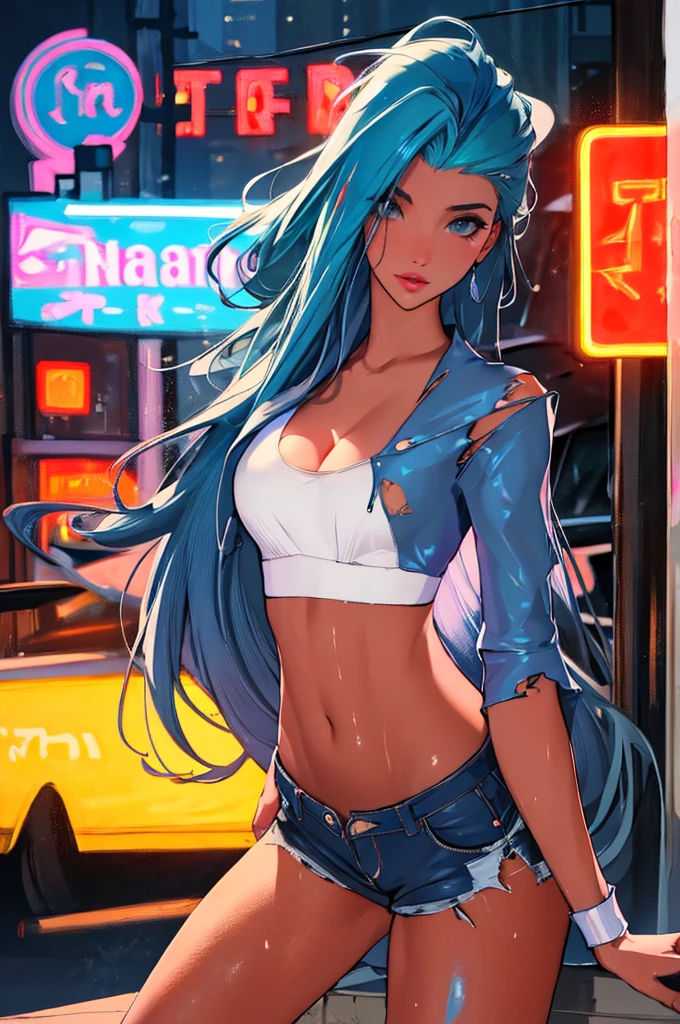 (best quality: 1.2), clean face, (masterpiece: 1.2, 8k)(PureErosFace_V1: 0.7), perfect anatomy, 1girl,a beautiful fashion model ,(masterpiece, official art, best quality) (wet skin, shiny skin) ,long and shiny hair, blue hair with streaks in hair, long hair, full lips, upturned nose , big breasts, looking at viewer, revealing outfit, absurdity, intricate details, city, dynamic pose, night, neon signs, cinematic lighting, (highly detailed skin: 1.2), wearing
short shorts and a tight white top, cleavage, torn clothes