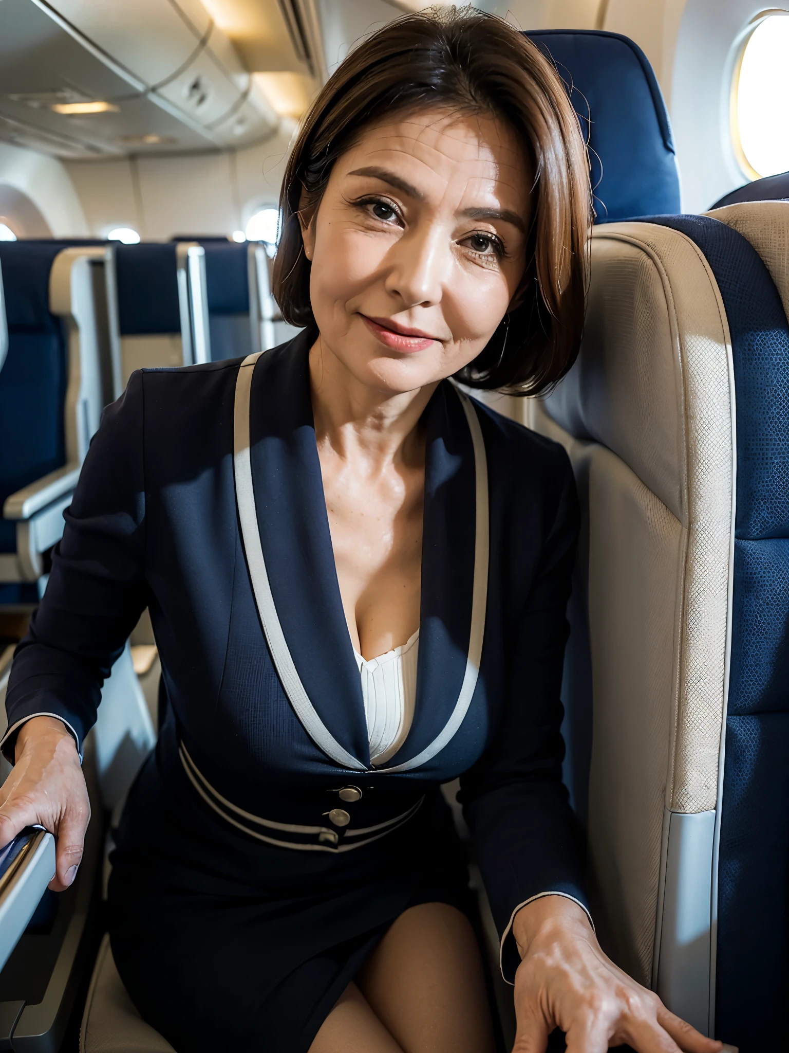 (masterpiece:1.4), 1girl, (61-year-old woman:1.5),(facial wrinkles 1.2),gentle smile,maternal,Mature Woman, (dressed as a flight attendant : 1.3), on a plane, view from below