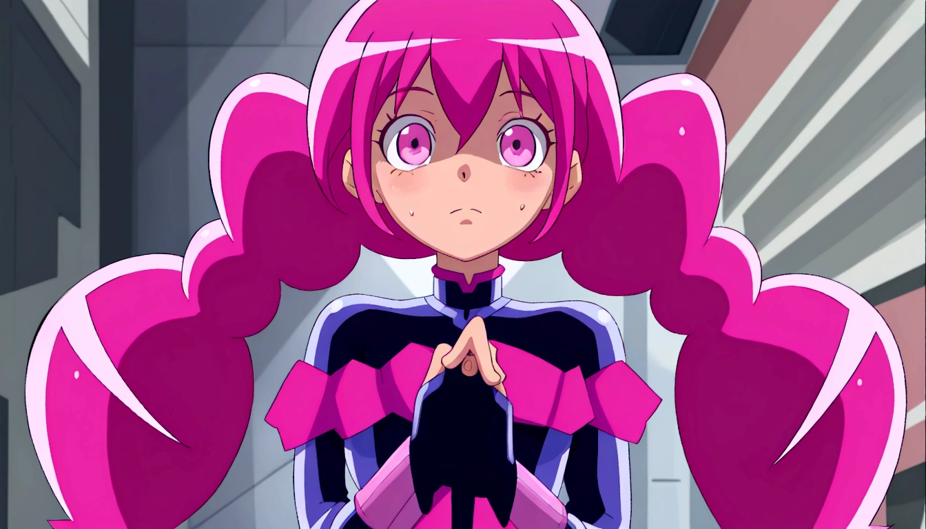 a close up of a person with pink hair and a purple outfit, anime girl named lucy, humanoid pink female squid girl, pink iconic character, shining pink armor, juri misaki, pink twintail hair and cyan eyes, misato katsuragi, black magician girl, streamlined pink armor, with pink hair