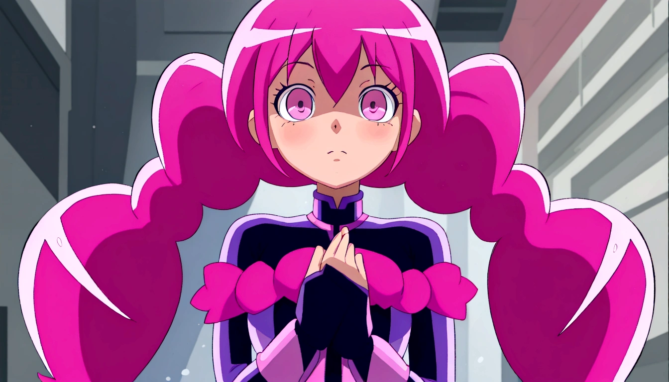 a close up of a person with pink hair and a purple outfit, anime girl named lucy, humanoid pink female squid girl, pink iconic character, shining pink armor, juri misaki, pink twintail hair and cyan eyes, misato katsuragi, black magician girl, streamlined pink armor, with pink hair