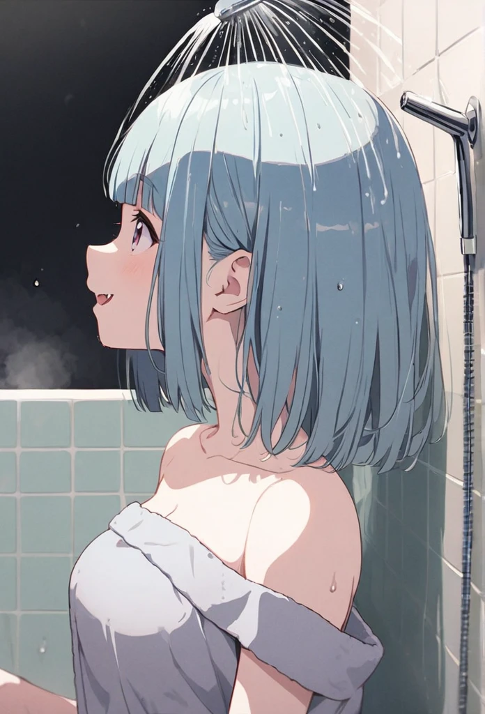 anime,(pale colors:1.8),long shot, 1girl, (on right:1.3), solo, cat mouth, smile, taking shower in head, showerhead, in bath, wearing towel, looking up, from side, fang, blue hair, bobcut, straight hair, racoon ears, racoon tail, (brown streaked hair:1.3), (blunt bangs) ,thick eyebrows, big breast, shadow, fullbody,