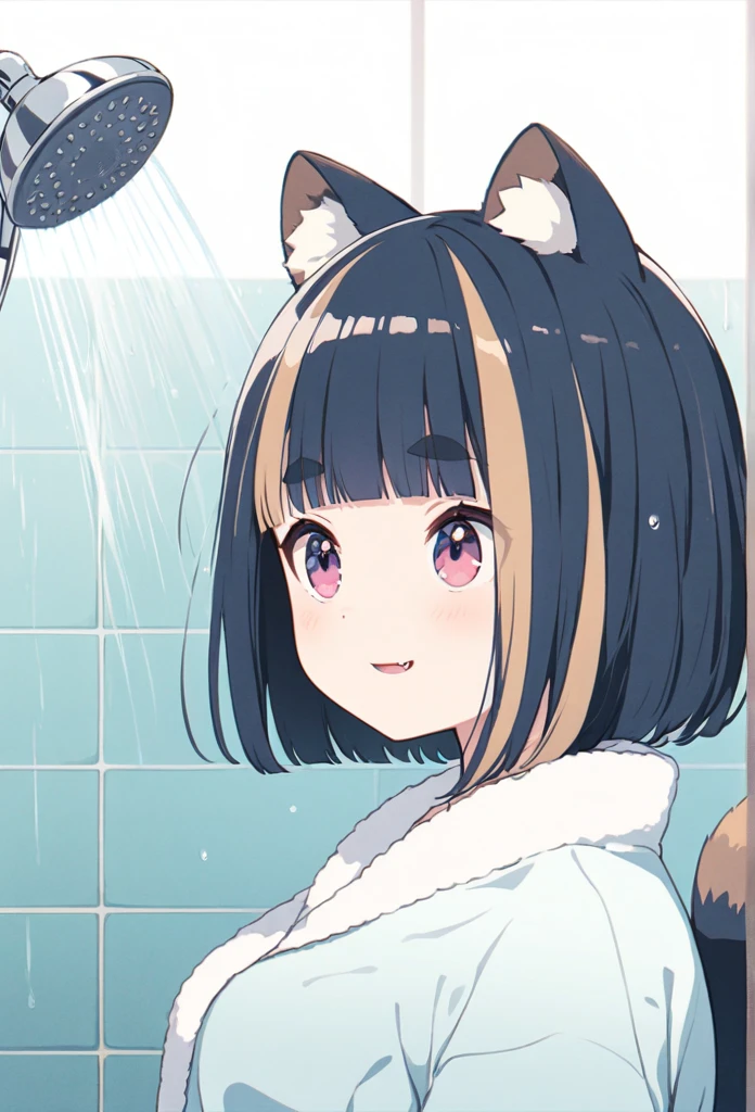 anime,(pale colors:1.8),long shot, 1girl, (on right:1.3), solo, cat mouth, smile, taking shower in head, showerhead, in bath, wearing towel, looking up, from side, fang, blue hair, bobcut, straight hair, racoon ears, racoon tail, (brown streaked hair:1.3), (blunt bangs) ,thick eyebrows, big breast, shadow, fullbody,
