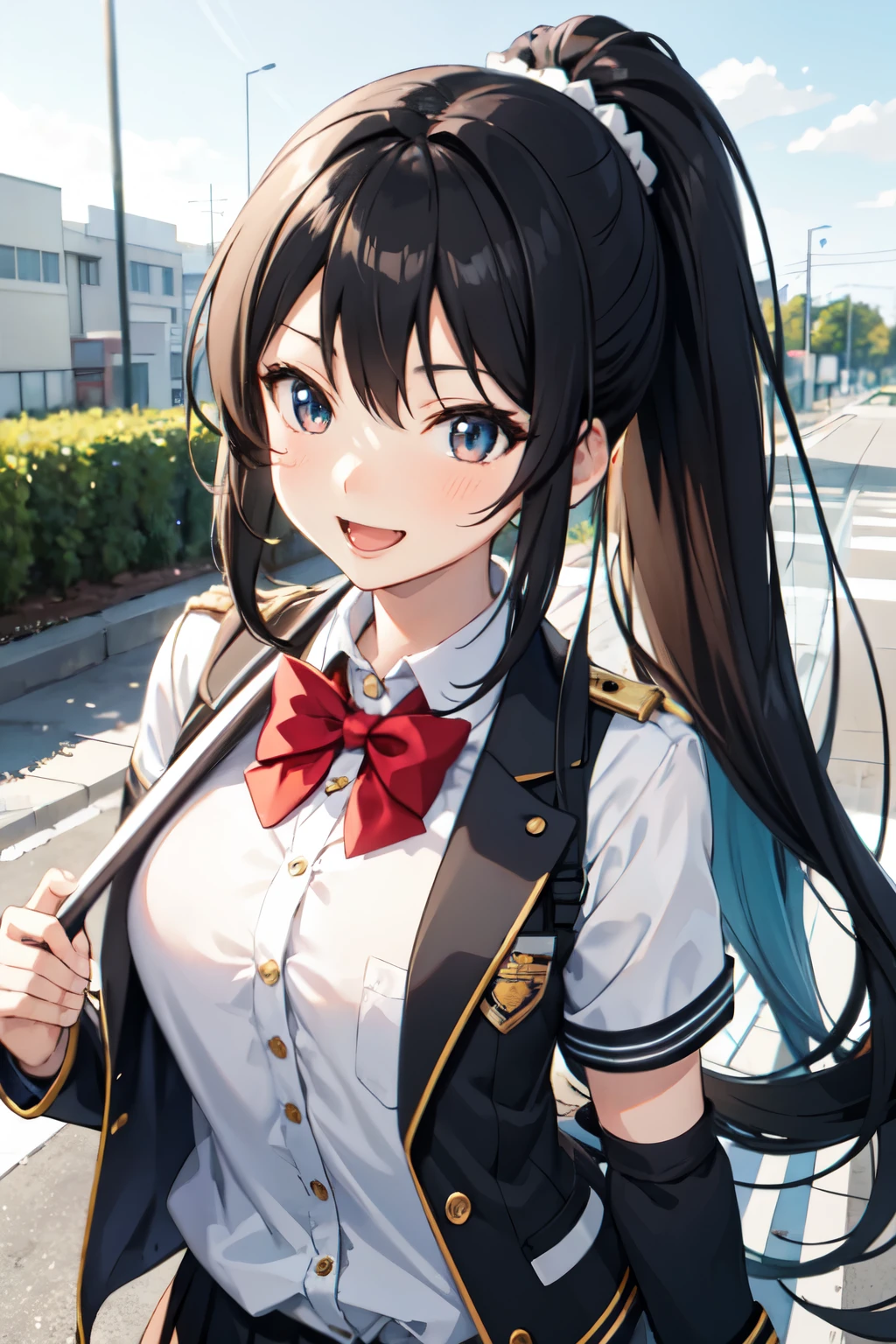 A cheerful anime girl with long, flowing a black hair styled in a ponytail is walking home from school. She wears a cute uniform. lewd, sexy
