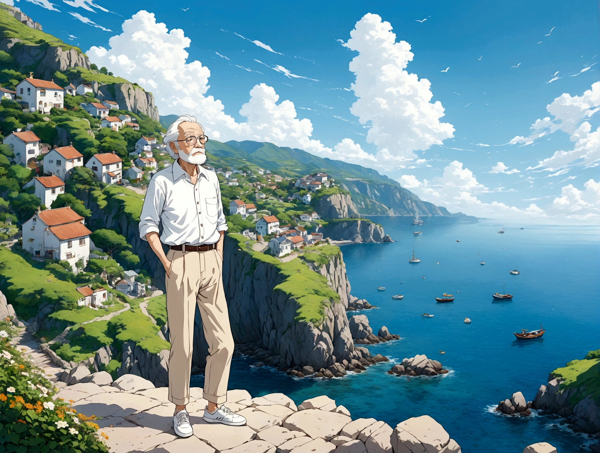 Create a high-quality anime-style image featuring an elderly man standing on a rocky cliff by the sea. The man has white hair, a beard, and is wearing round glasses. He is dressed in a white shirt, beige pants rolled up at the ankles, and white sneakers. His posture is relaxed, with his hands in his pockets, gazing thoughtfully into the distance.
The background consists of a clear blue sky filled with fluffy, white clouds. Below the cliff, there is a calm sea with boats and a small coastal village nestled at the foot of green, mountainous terrain. The scene captures a peaceful, reflective moment, with vibrant colors and detailed shading to emphasize the tranquil and contemplative atmosphere.