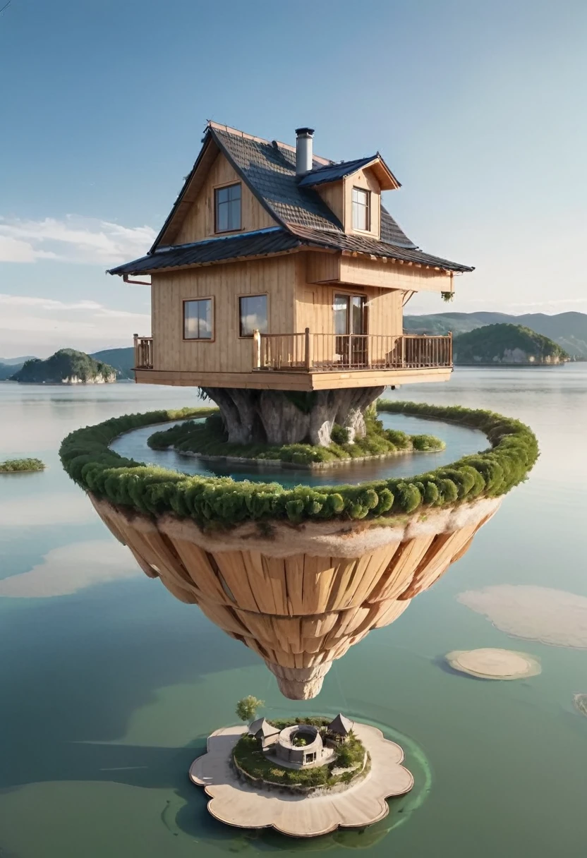 island floating in the air with a wooden house on it.