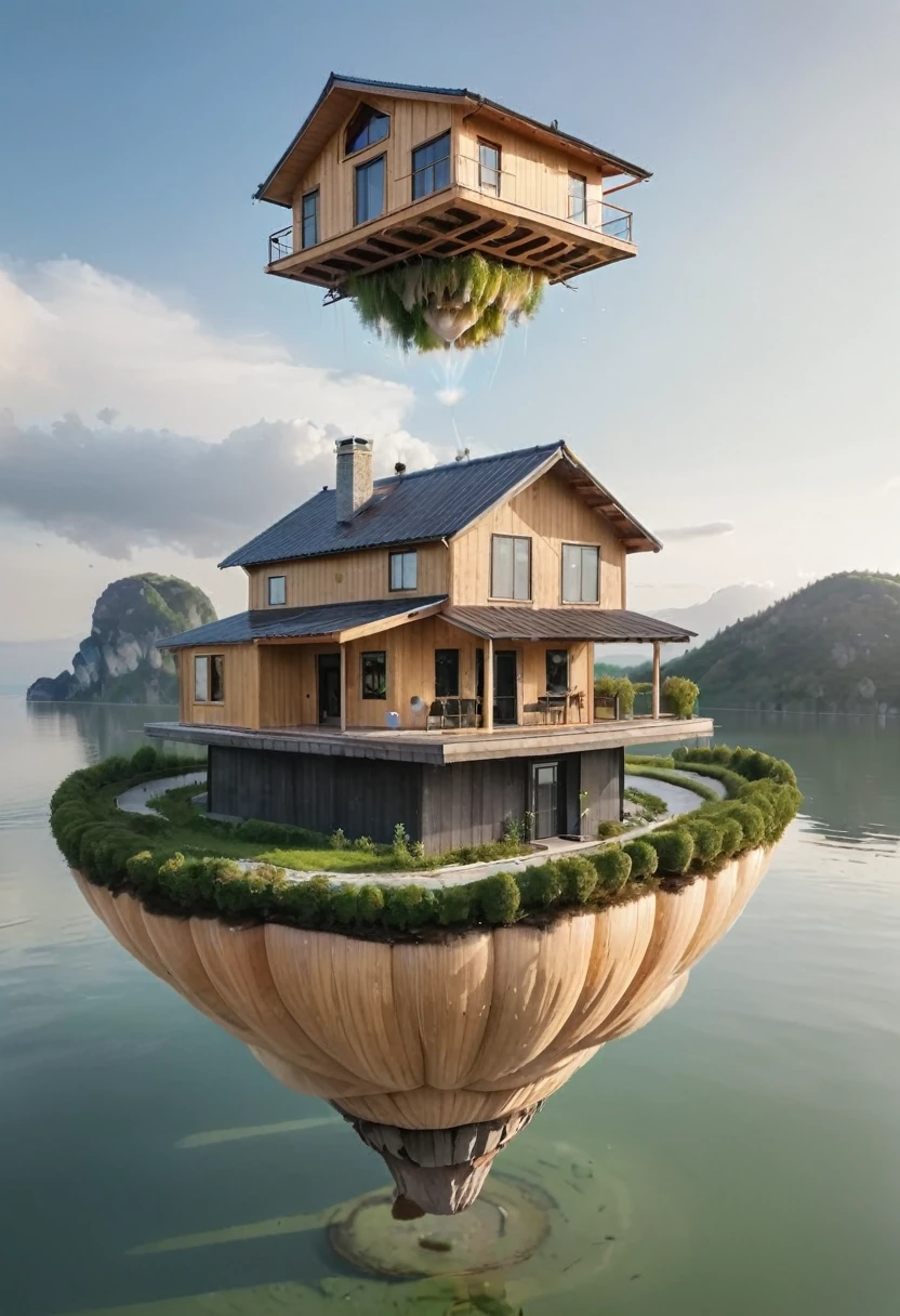 island floating in the air with a wooden house on it.