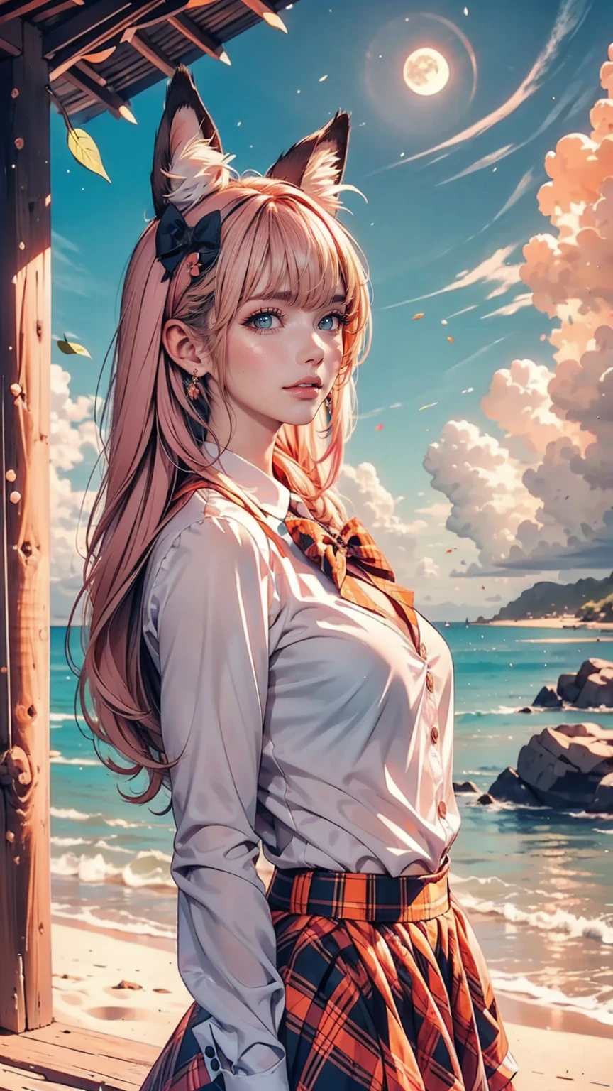 One girl, size), (guitar alone), bubble skirt, aqua shirt, bow, bowtie, button, collared shirt, Expressionless, Eyebrows hidden by hair, fox mask, Cowboy Shot, Long Hair, Long sleeve, mask, multicolored button, Pink Eyes, Pink Hair, orange skirt, Plaid, Plaid shirt, purple bow, purple bowtie, shirt, skirt, alone, very Long Hair, Ocean, Ocean, Beach, cloudy, sunlight, evening, moon, cloud, null, Outdoor, cloudy null, leaf, Remains, Sunbeam, Post-apocalyptic, Side view
