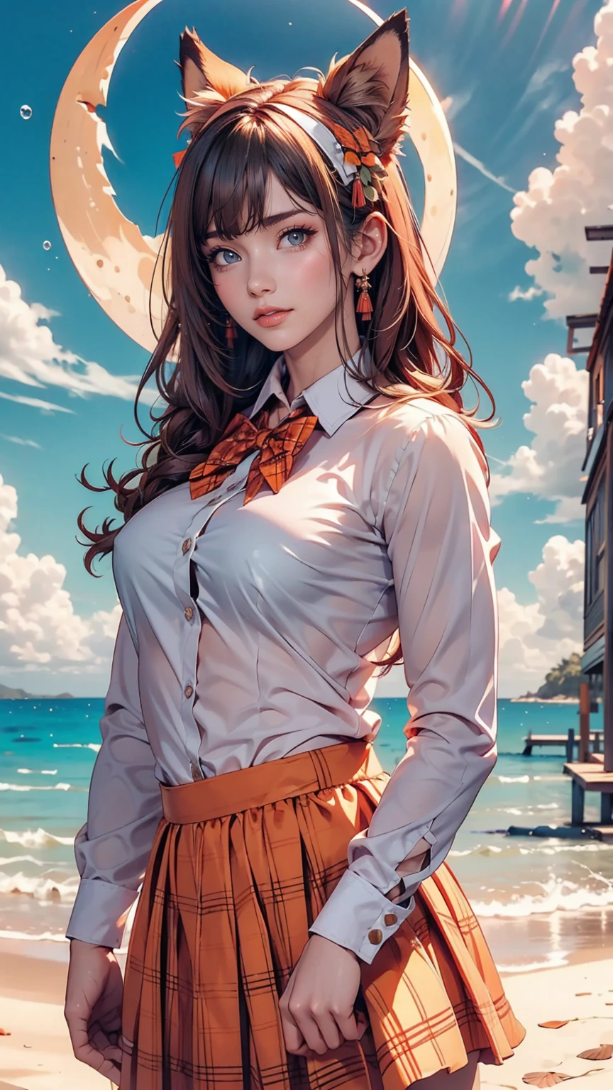 One girl, size), (guitar alone), bubble skirt, aqua shirt, bow, bowtie, button, collared shirt, Expressionless, Eyebrows hidden by hair, fox mask, Cowboy Shot, Long Hair, Long sleeve, mask, multicolored button, Pink Eyes, Pink Hair, orange skirt, Plaid, Plaid shirt, purple bow, purple bowtie, shirt, skirt, alone, very Long Hair, Ocean, Ocean, Beach, cloudy, sunlight, evening, moon, cloud, null, Outdoor, cloudy null, leaf, Remains, Sunbeam, Post-apocalyptic, Side view