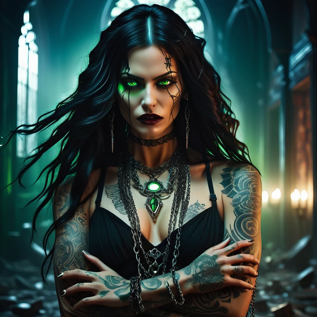 Create a dark, gothic fantasy scene featuring a demonic woman with a grotesque and nightmarish appearance. Her long, flowing black hair contrasts sharply with her torn, skeletal face, revealing intricate cybernetic components and a glowing green eye. In one hand, she holds a large, bloodshot eyeball, seemingly ripped from her own face, with sinews and veins still attached, adding to the horror.

Her bare back displays a series of intricate tattoos depicting hauntingly beautiful faces and twisted, skeletal forms, merging seamlessly with her exposed spine and ribs. Her other arm, covered in detailed tattoos and scars, is adorned with various bracelets and chains, enhancing her menacing look.

The background should depict a shadowy, decrepit hall, with chains hanging from the ceiling and broken tiles on the walls. Blood spatters and cracks in the tiles add to the eerie atmosphere. On one side, a monstrous creature with sharp teeth looms, partially obscured by shadows, while fragments of broken glass and mechanical gears litter the ground.

The lighting should be dim and ominous, highlighting the woman's monstrous features and the gruesome details of her surroundings. The overall composition should evoke a sense of horror, blending elements of gothic and cyberpunk to create a haunting, otherworldly scene.