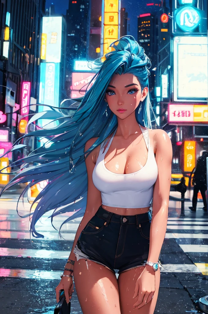 (best quality: 1.2), clean face, (masterpiece: 1.2, 8k)(PureErosFace_V1: 0.7), perfect anatomy, 1girl,a beautiful fashion model ,(masterpiece, official art, best quality) (wet skin, shiny skin) ,long and shiny hair, blue hair with streaks in hair, long hair, full lips, upturned nose , big breasts, looking at viewer, revealing outfit, absurdity, intricate details, city, dynamic pose, night, neon signs, cinematic lighting, (highly detailed skin: 1.2), wearing
 short shorts and a tight white top, cleavage, torn clothes