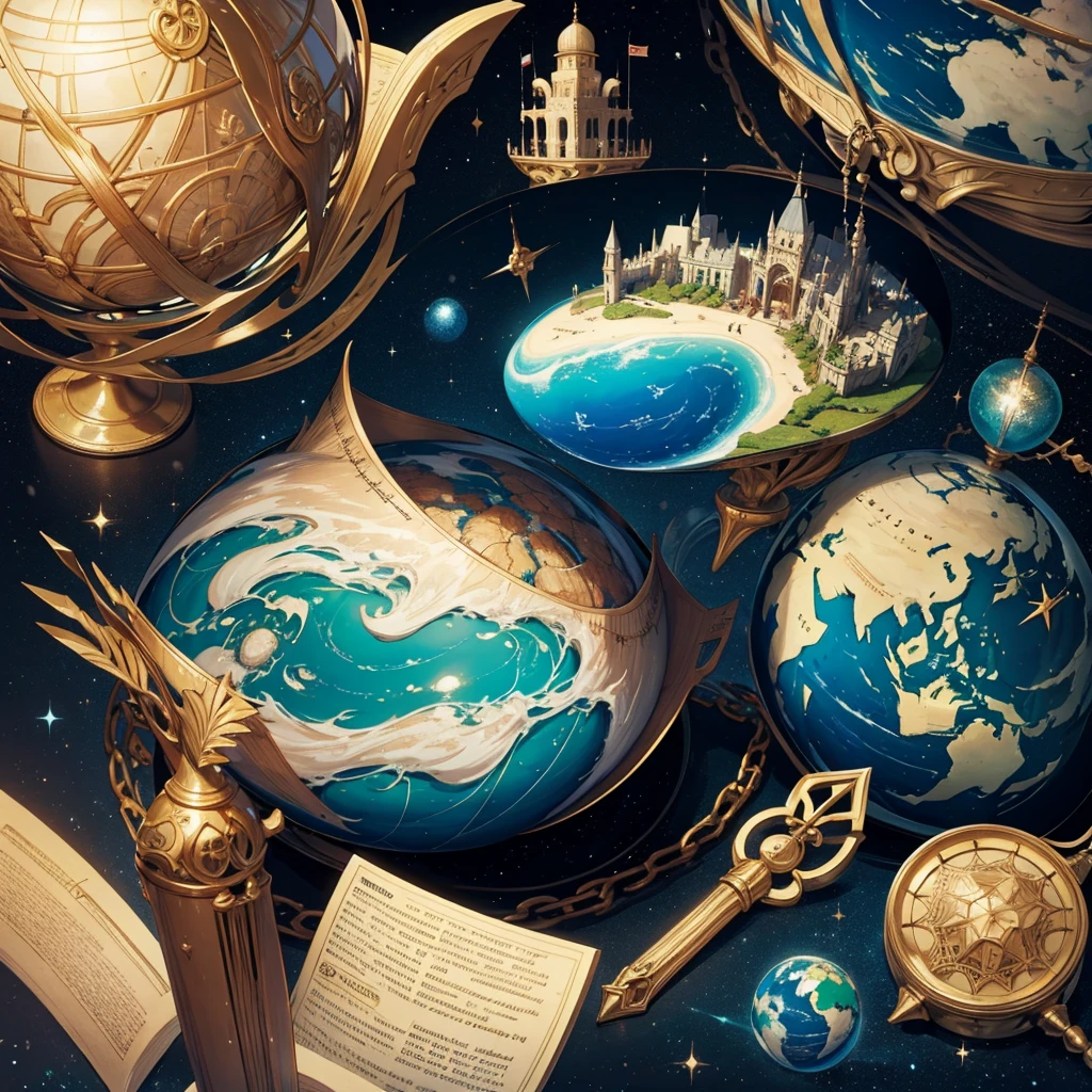 fantasy world, ((5 continents)), navigator&#39;s scroll, ((Best Quality)), ((maximum in details)), world is called Chaos, decorations in oceans, unexplored world, ((mediaval)), Ancient parchment