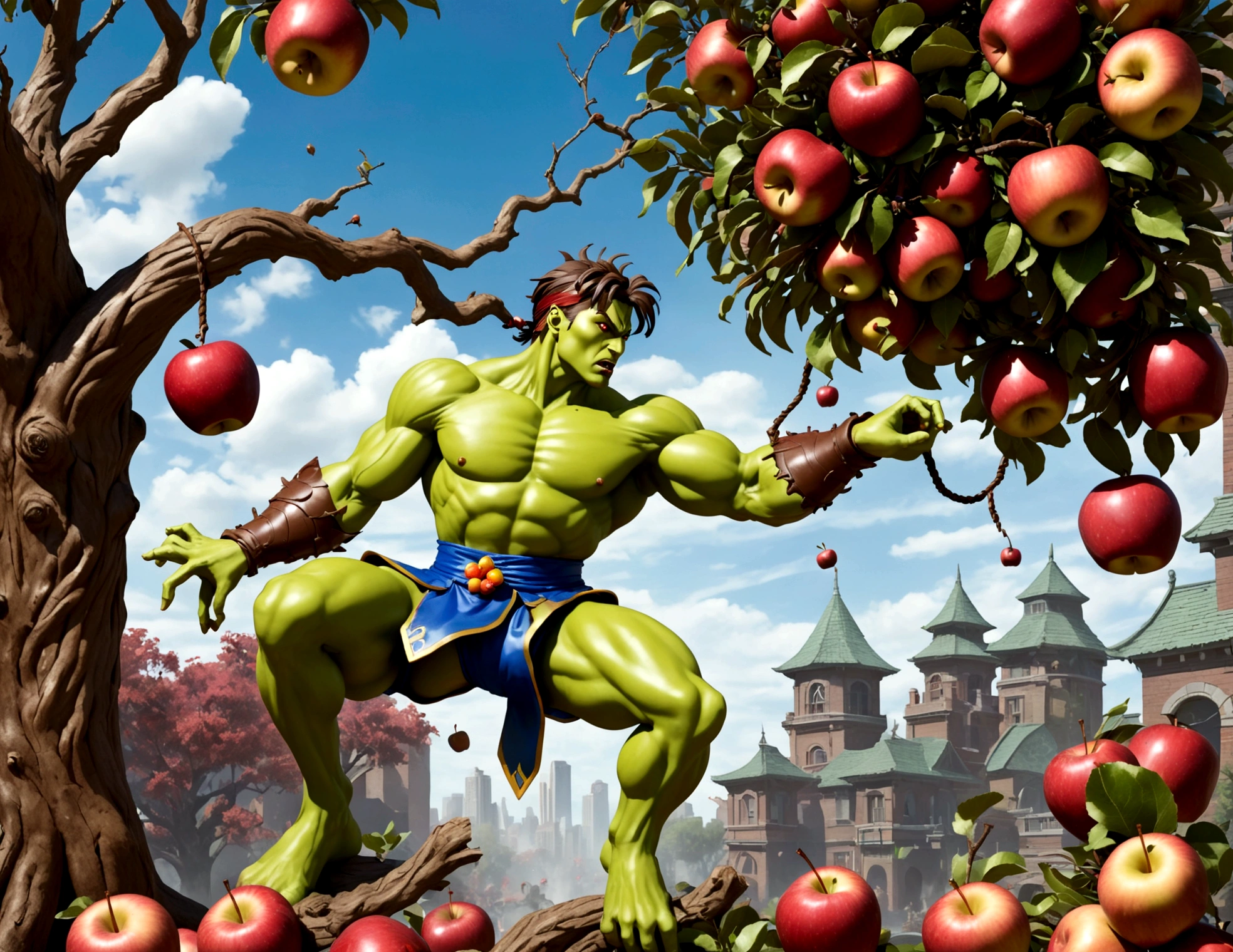 (street Fighter 2 16 bit game) Custom character 'treeman' (evil apple tree man from Wizard of Oz, dark bark skin, apples hanging in his hair) is tossing apples at and battling (subject 2: Zombie Chun Li (sexy fighting outfit, battle damage, green skin, zombie shamble, kinda gross)
