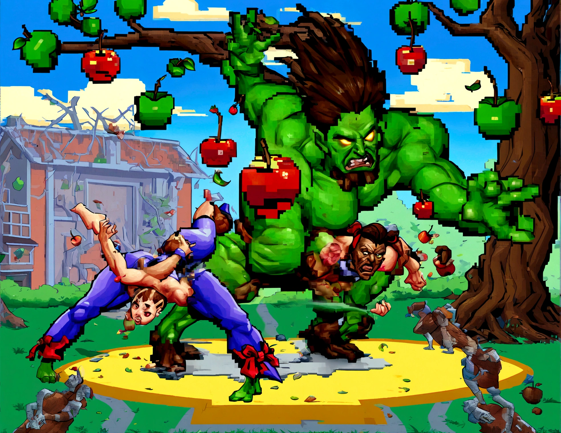 (street Fighter 2 16 bit game) Custom character 'treeman' (evil apple tree man from Wizard of Oz) is tossing apples at and battling (Zombie chun Li (sexy fighting outfit, battle damage, green skin, zombie shamble, kinda gross) battle between plant vs zombie
