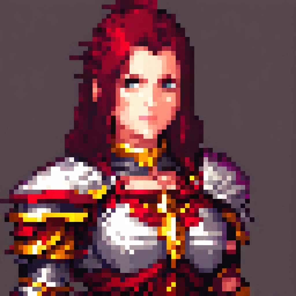 detailed portrait of a strong white woman, dark red hair, (upper body portrait), detailed face features, large arm muscles, knightly powers, holy red armor, fighter deamination look, battle-hardened warrior, intricate pixel art style, highly detailed, masterpiece, 8k, photorealistic, ((pixel art)), highly detailed, masterpiece, 8k, photorealistic, portrait, fantasy, magical, ethereal, cinematic lighting, dramatic contrast, vivid colors, digital painting