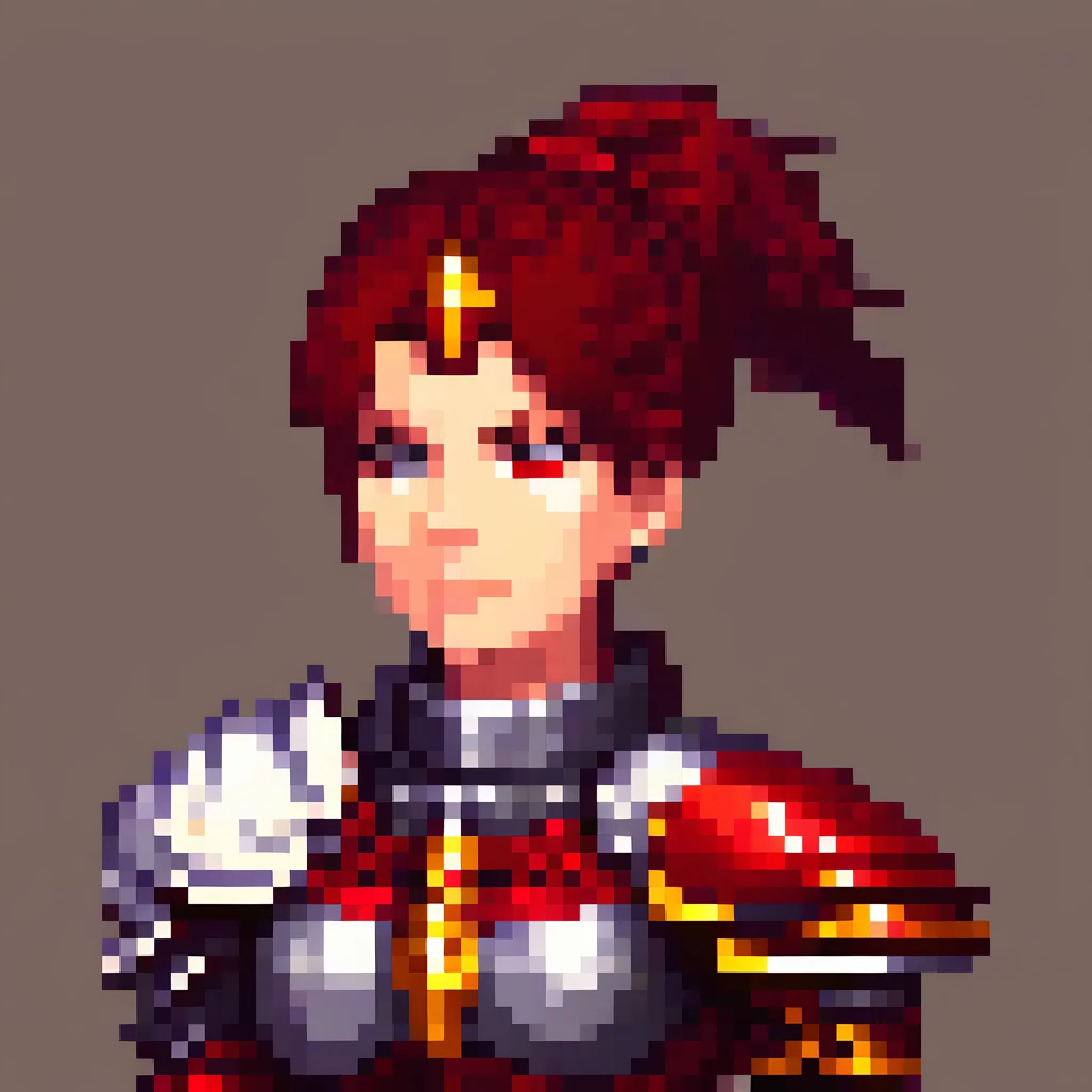 detailed portrait of a strong white woman, dark red hair, (upper body portrait), detailed face features, large arm muscles, knightly powers, holy red armor, fighter deamination look, battle-hardened warrior, intricate pixel art style, highly detailed, masterpiece, 8k, photorealistic, ((pixel art)), highly detailed, masterpiece, 8k, photorealistic, portrait, fantasy, magical, ethereal, cinematic lighting, dramatic contrast, vivid colors, digital painting