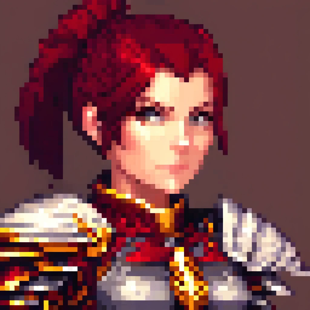 detailed portrait of a strong white woman, dark red hair, (upper body portrait), detailed face features, large arm muscles, knightly powers, holy red armor, fighter deamination look, battle-hardened warrior, intricate pixel art style, highly detailed, masterpiece, 8k, photorealistic, ((pixel art)), highly detailed, masterpiece, 8k, photorealistic, portrait, fantasy, magical, ethereal, cinematic lighting, dramatic contrast, vivid colors, digital painting