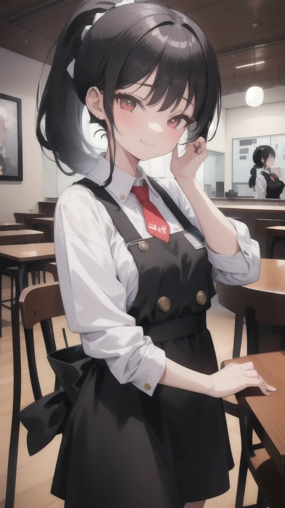 girl, Black Hair, sister, Tie your hair into a ponytail、Smile at the speaker, High-quality images, masterpiece, beautiful girl, Cafe,