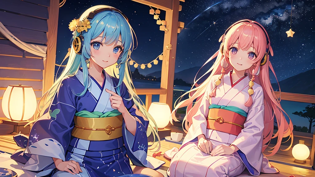 ((Highest quality、High resolution))、(Tanabata)、Gazing at the Milky Way sky、(A woman wearing a yukata)、(20-year-old、cute)、Headphones