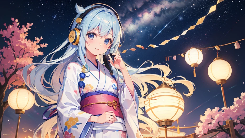 ((Highest quality、High resolution))、(Tanabata)、Gazing at the Milky Way sky、(A woman wearing a yukata)、(20-year-old、cute)、Headphones