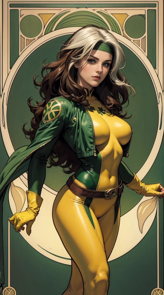 (masterpiece:1.0), (best_quality:1.2), Classic Rogue, 1991 Rogue X-Men, 1 girl, Only 1, full body view, medium length hair, brown hair, wavy hair, messy hair, one lock of white hair, green eyes, mischievous look, smirking, fit figure, curvy figure, big nude breasts, lipstick, makeup green headband, belt, yellow gloves, skin tight bodysuit, open jacket nude inside, (( PERFECT TONNED NUDE BODY))