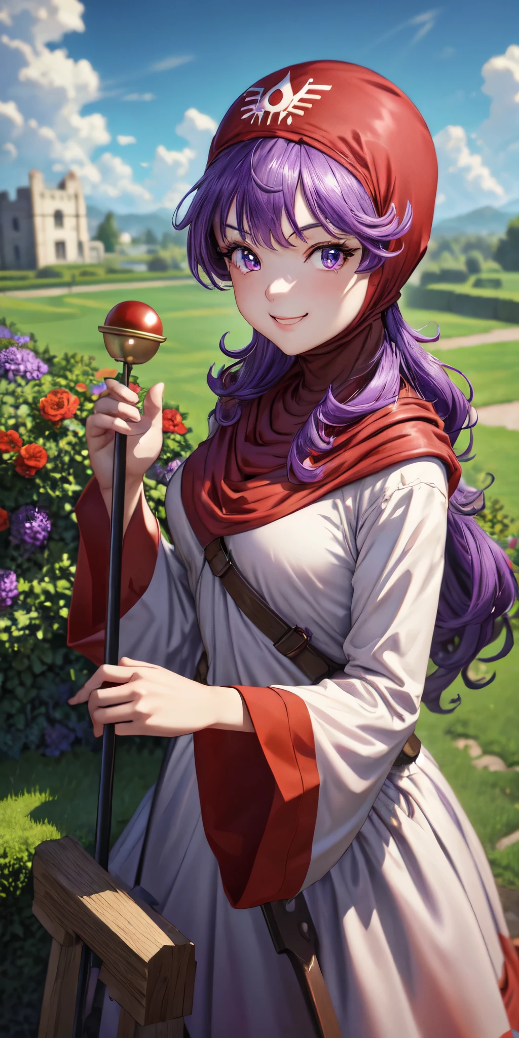 masterpiece, best quality, 4k, 8k, dqPom, red hood, purple hair, robe, upper body, standing, holding staff, sky, garden, looking at viewer, from above, smile