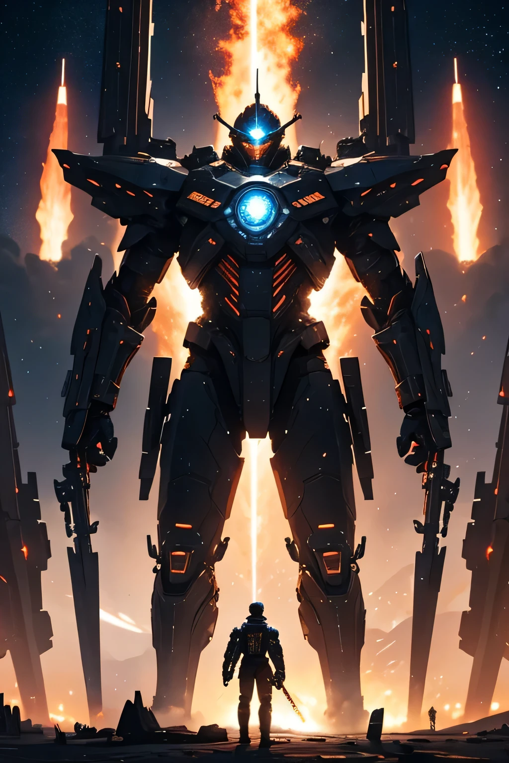 A young man，Wear armor，Standing on the Stars，Small human beings，huge的Starry Sky，Science Fiction，Scene design，huge，Multiplied，Planet，Starry Sky，explode，spaceship，Battleship，Flames abound，Cyberpunk style
