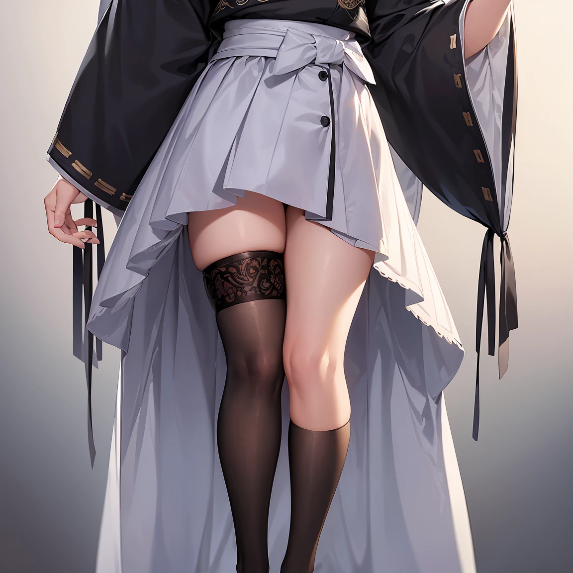 1girl, ahoge, simple background, black bow, black legwear, purple eyes, bow closed mouth, white hairband, haori highres, japanese clothes, white kimono long sleeves, short black skirt, black skirt, looking at viewer, white hair, short hair, short kimono, solo standing, medium breats, sexy body, full body, thigh-highs wide sleeves, high detail, detailed eyes, hdr, 8k, ultra realistic, nsfw, (beautiful detailed eyes), (detailedlight), ((intricate detail)), (highres), ((illustration)), (((masterpiece))), ((best quality)), (high resolution)