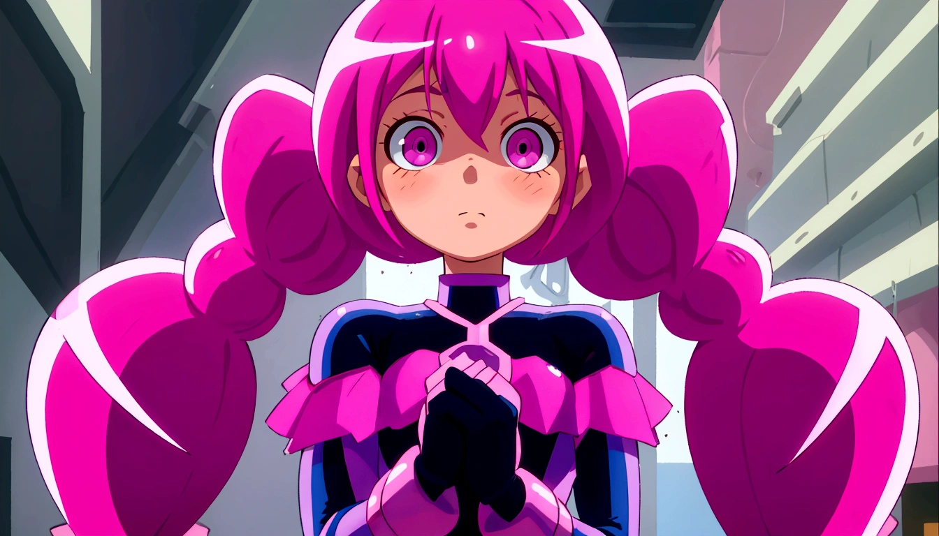 a close up of a person with pink hair and a purple outfit, anime girl named lucy, humanoid pink female squid girl, pink iconic character, shining pink armor, juri misaki, pink twintail hair and cyan eyes, misato katsuragi, black magician girl, streamlined pink armor, with pink hair