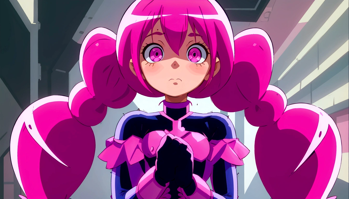 a close up of a person with pink hair and a purple outfit, anime girl named lucy, humanoid pink female squid girl, pink iconic character, shining pink armor, juri misaki, pink twintail hair and cyan eyes, misato katsuragi, black magician girl, streamlined pink armor, with pink hair