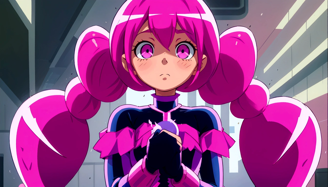 a close up of a person with pink hair and a purple outfit, anime girl named lucy, humanoid pink female squid girl, pink iconic character, shining pink armor, juri misaki, pink twintail hair and cyan eyes, misato katsuragi, black magician girl, streamlined pink armor, with pink hair