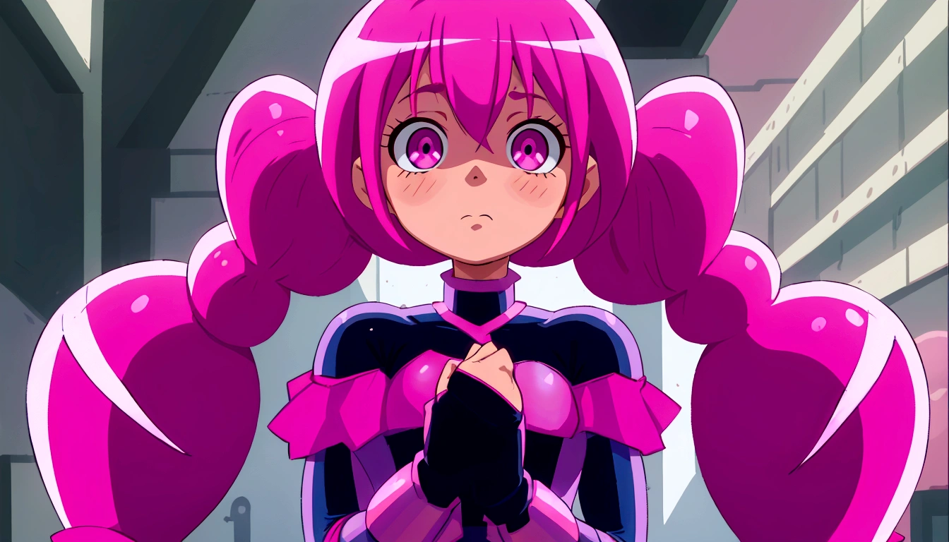 a close up of a person with pink hair and a purple outfit, anime girl named lucy, humanoid pink female squid girl, pink iconic character, shining pink armor, juri misaki, pink twintail hair and cyan eyes, misato katsuragi, black magician girl, streamlined pink armor, with pink hair