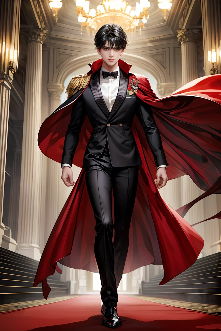
masterpiece, 最high quality, high quality, 1 boy, alone, Male focus, Watching the audience,  Messy black hair, Adorable big blue eyes, White people, Noble, Noble,A black and red cape bursting with sexy volume、Tuxedo、A very voluminous, large, very large, very large, long, long red and black cape with a high stand-up collar, made of a lot of fabric that reaches down to the floor., ,Cute beautiful boys,Cute, cute, kind, handsome guy