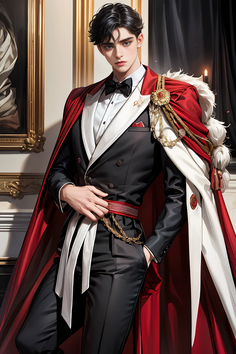 
masterpiece, 最high quality, high quality, 1 boy, alone, Male focus, Watching the audience,  Messy black hair, Adorable big blue eyes, White people, Noble, Noble,A black and red cape bursting with sexy volume、Tuxedo、A very voluminous, large, very large, very large, long, long red and black cape with a high stand-up collar, made of a lot of fabric that reaches down to the floor., ,Cute beautiful boys,Cute, cute, kind, handsome guy