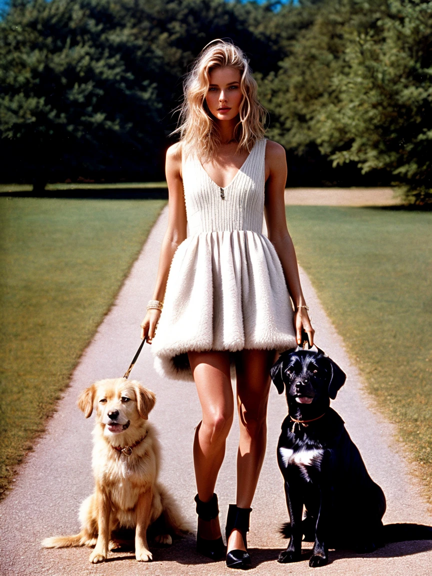 [Ai001 is a famous fashion model, platinum detailed short blonde hair], pose model in vogue magazine from 1990, wearing fluffy dress 1990, with dogs, Kodak Portra 400VC