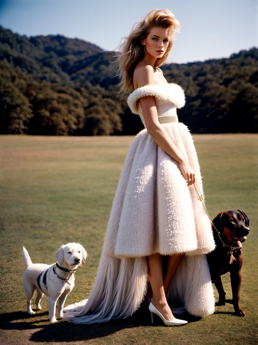 [Ai001 is a famous fashion model, platinum detailed short blonde hair], pose model in vogue magazine from 1990, wearing fluffy dress 1990, with dogs, Kodak Portra 400VC