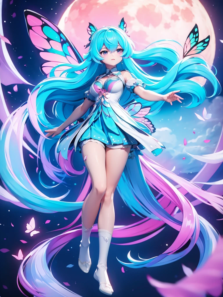 hair divided on half, Seizo Watase style, Simple Line Initialism,Abstract art, 3d character, colorful hearts ,(((The most beautiful girl of all time))), (full body 1.2), only girl, very long hair, bufferfly and sky background, old, full body, (((8k))), (((3d)), blue and pink hair, Large butterfly wings on the back, moon, one hand raised above, white long socks,