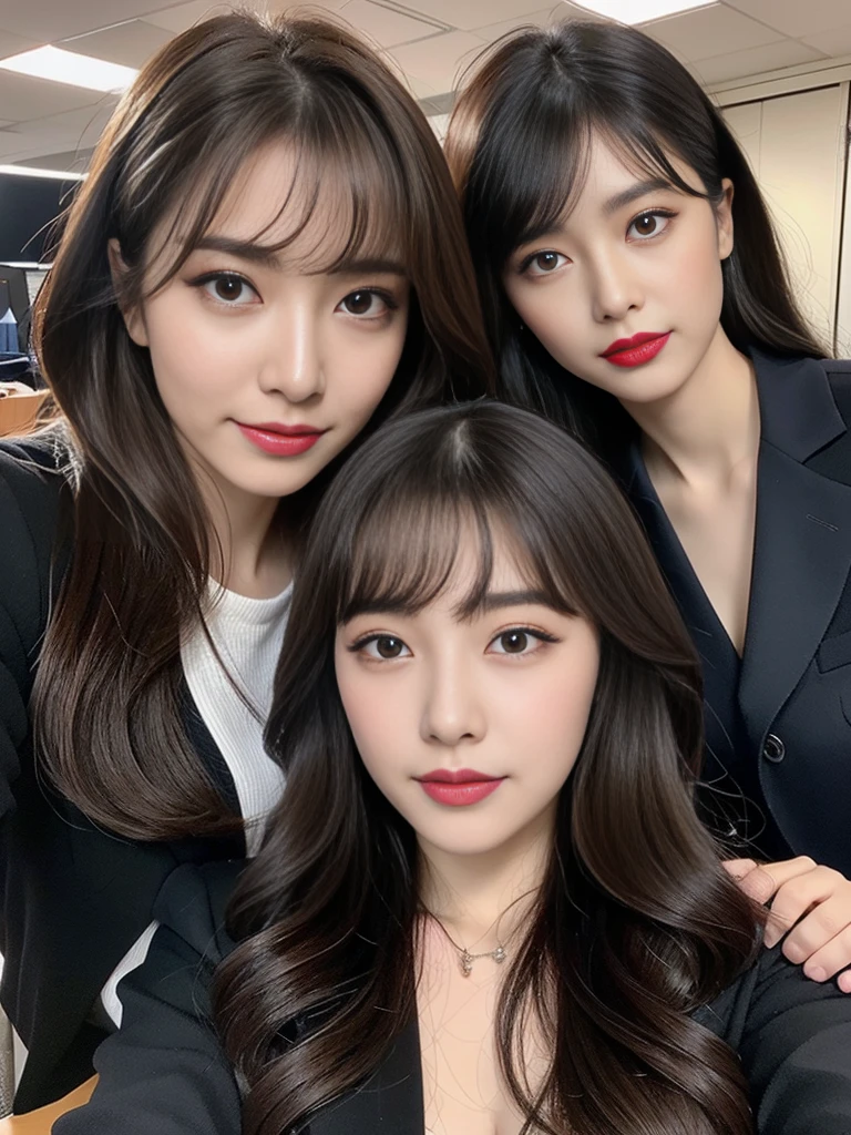 Highest quality、Super detailed、4K、Japanese、Captivating beauty、Attractive adult woman、Beautiful woman、Cool girl、evil女、brainwashingされた、brainwashing、Fallen into evil、Grin、邪evilな表情、邪evilな笑顔、evil、Brown Hair、Wavy Hair、Swept-apart bangs、Heavy makeup、Heavy makeup、Sharp Eye、Hollow Eyes,Half-closed eyes、Hollow Eyes、purple eye shadow、Black lipstick、Black lip gloss、suit、Black jacket、blouse、Black tight skirt、night、In the office、Have lipstick