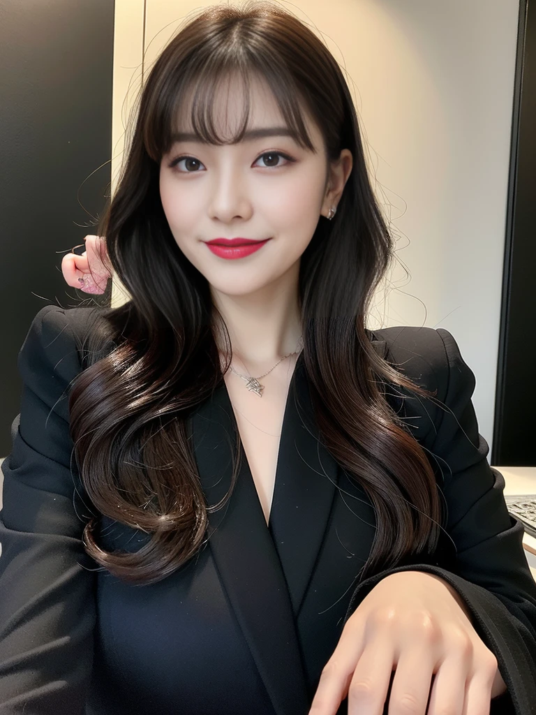 Highest quality、Super detailed、4K、Japanese、Captivating beauty、Attractive adult woman、Beautiful woman、Cool girl、evil女、brainwashingされた、brainwashing、Fallen into evil、Grin、邪evilな表情、邪evilな笑顔、evil、Brown Hair、Wavy Hair、Swept-apart bangs、Heavy makeup、Heavy makeup、Sharp Eye、Hollow Eyes,Half-closed eyes、Hollow Eyes、purple eye shadow、Black lipstick、Black lip gloss、suit、Black jacket、blouse、Black tight skirt、night、In the office、Have lipstick