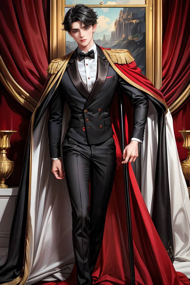 masterpiece, 最high quality, high quality, 1 boy, alone, Male focus, Watching the audience, Messy black hair, Adorable big blue eyes, White people, Noble, Noble,A black and red cape bursting with sexy volume、Tuxedo、A very voluminous, large, very large, very large, long, long red and black cape with a high stand-up collar, made of a lot of fabric that reaches down to the floor., 17 years old,Cute beautiful boys,Cute, cute, kind, handsome guy