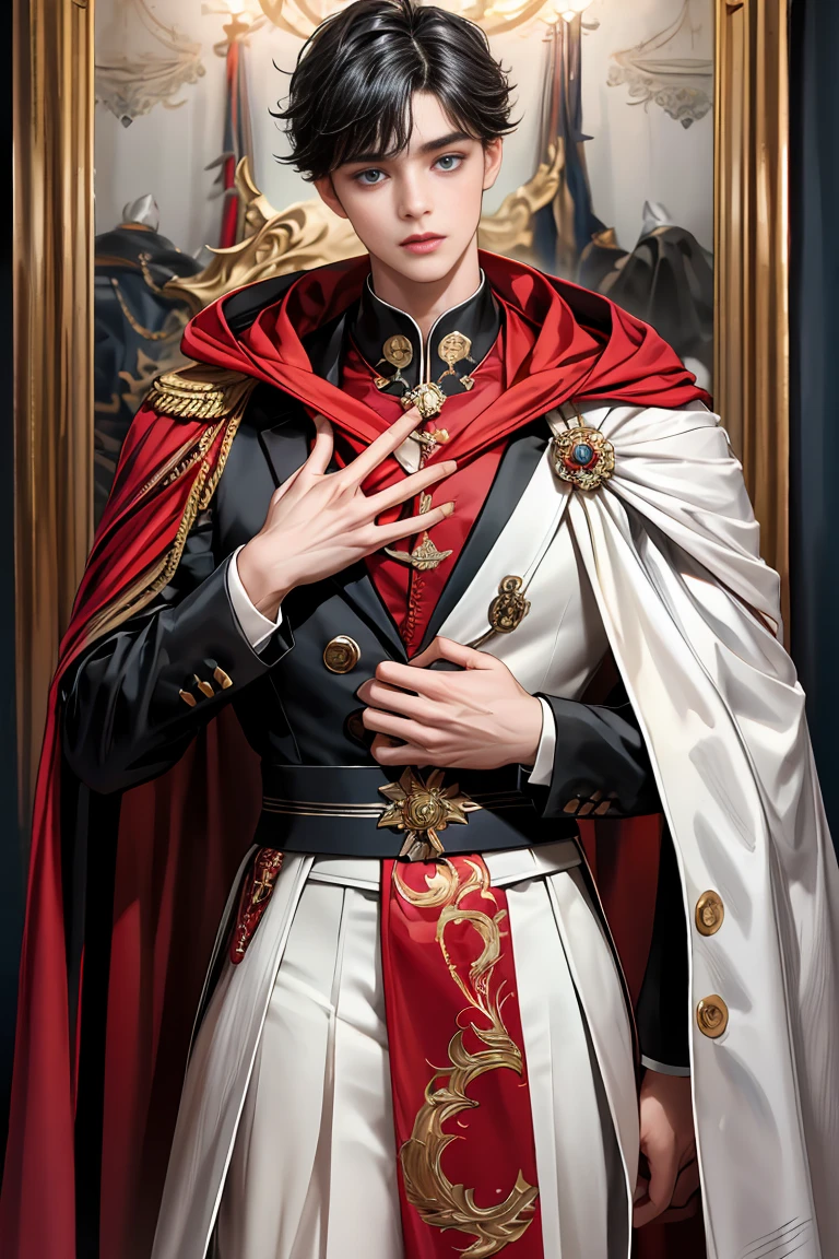 
masterpiece, 最high quality, high quality, 1 boy, alone, Male focus, Watching the audience,  Messy black hair, Adorable big blue eyes, White people, Noble, Noble,A black and red cape bursting with sexy volume、Tuxedo、A very voluminous, large, very large, very large, long, long red and black cape with a high stand-up collar, made of a lot of fabric that reaches down to the floor., 17 years old,Cute beautiful boys,Cute, cute, kind, handsome guy